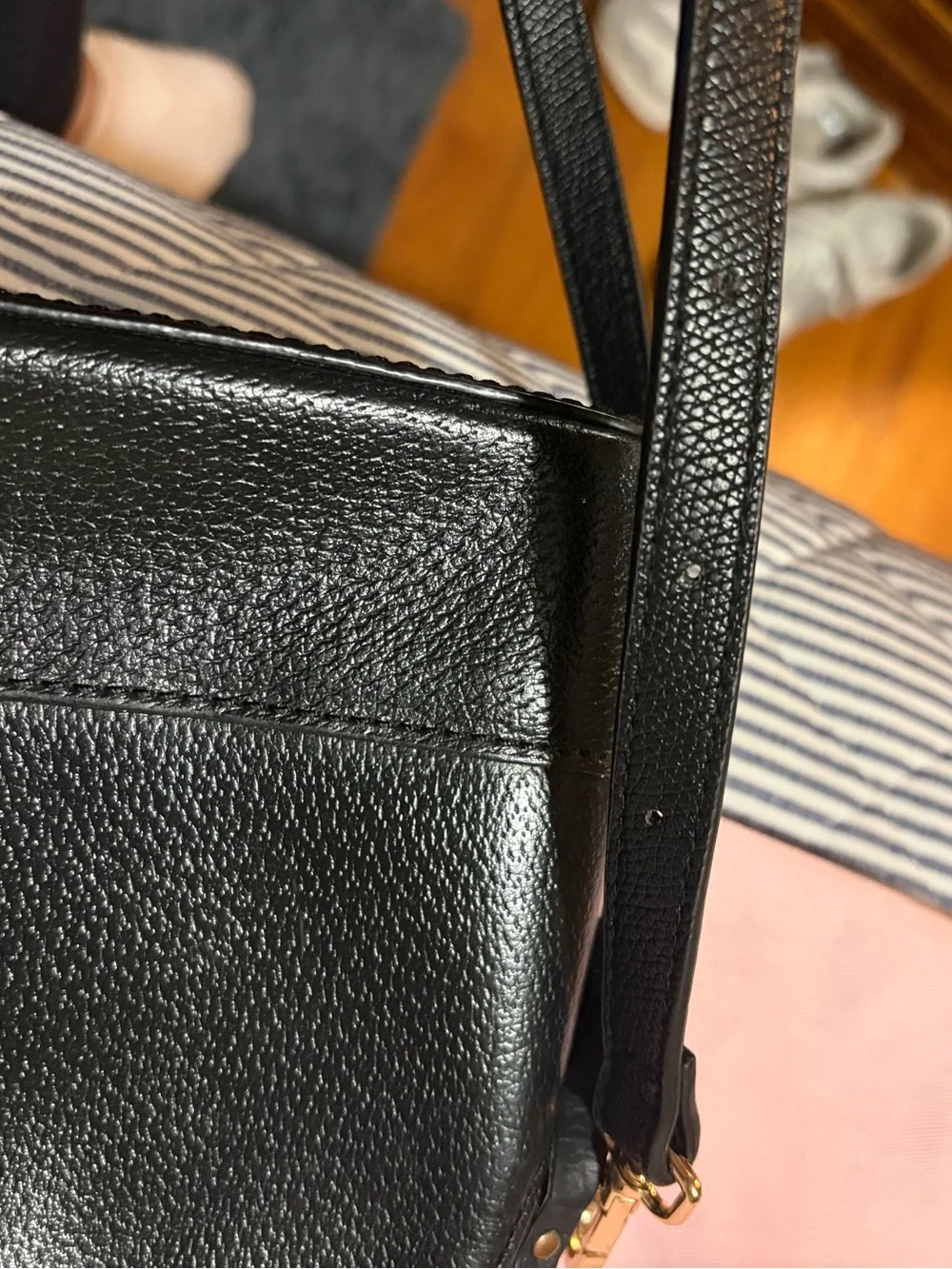 kate spade Black Pebbled Leather Crossbody Bag, hot pink inside lining